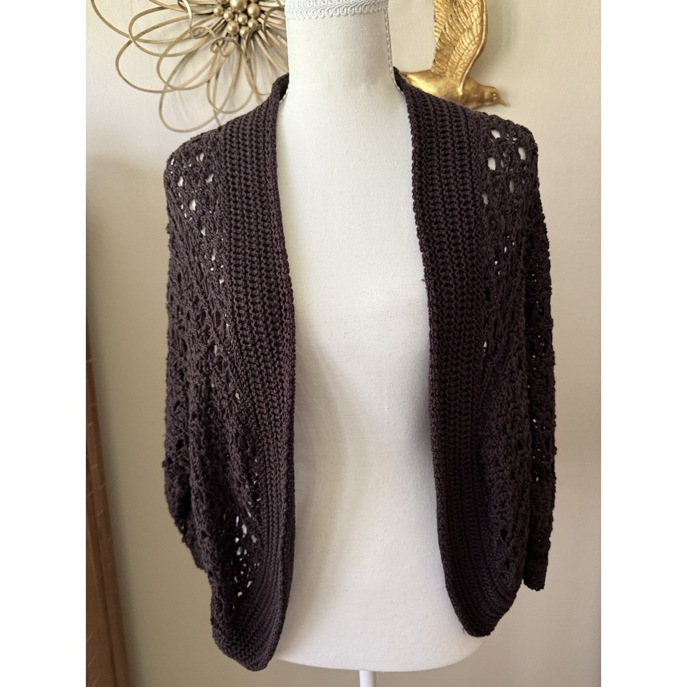 Dana Buchman Brown Crochet Cardigan XL Open Front Boho Cotton Blend Sweater